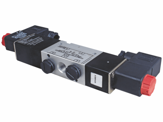 Magnified view of 5/3 double solenoid valve on white background by Airmax India