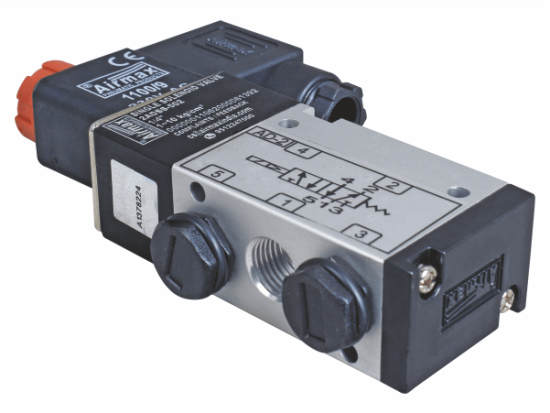 Magnified view of a 5/2 single solenoid valve, showcasing details and precision engineering on clean Background